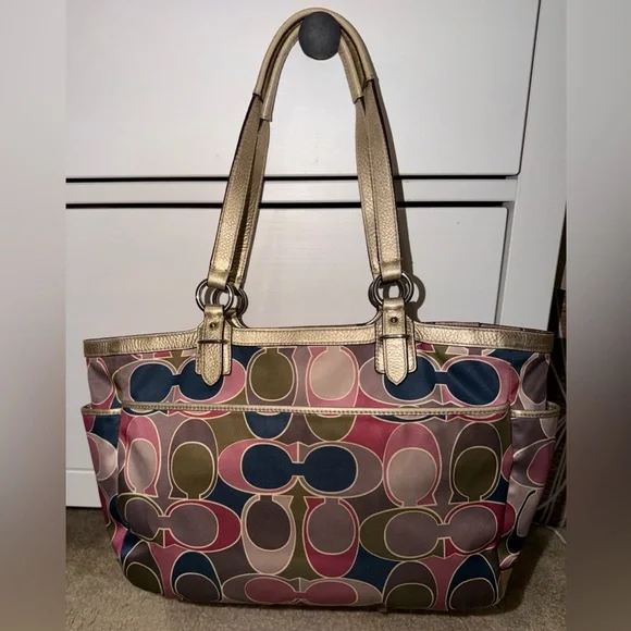 2pc Limited Ed. Coach Multicolor Medium Signature Gallery Scarf Print Satin Tote - Picture 4 of 13